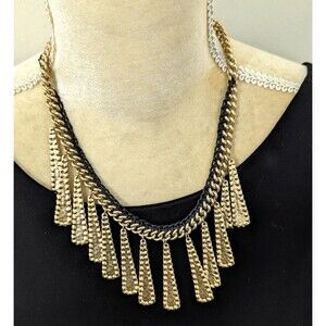 Chico’s Gold Tone Tribal Statement Necklace Black Chain 20" Fringe Drop
